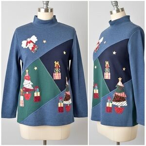 Karen Scott Vtg 90s Patchwork Holiday Angel Christmas Tree Sweatshirt Size M NWT
